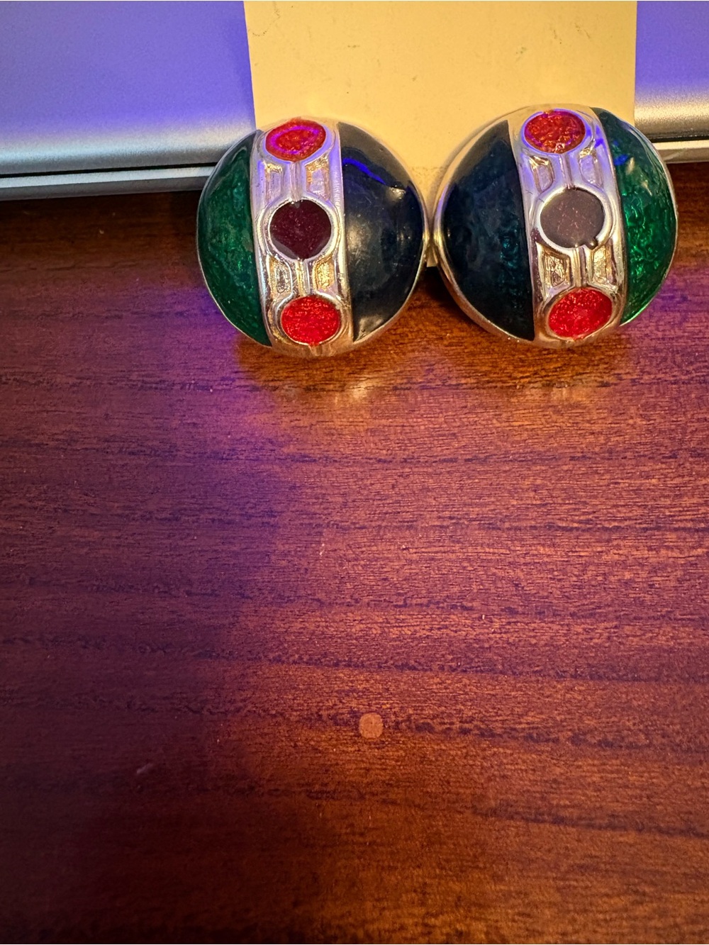 Vintage Round Enamel Earrings in Green, Black and Red